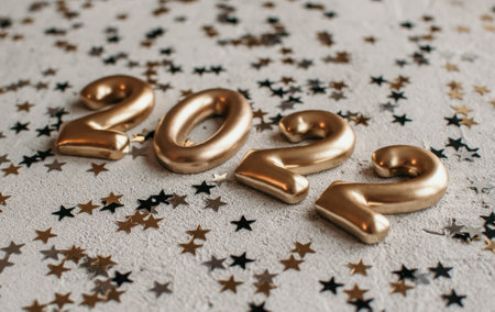 Close-up photo of golden number 2022 on concrete surface sprinkled with confetti. New year...