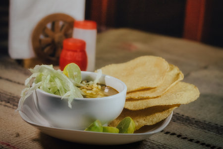 A plate of fresh and tasty Mexican Pozolillo on the table in the restaurant