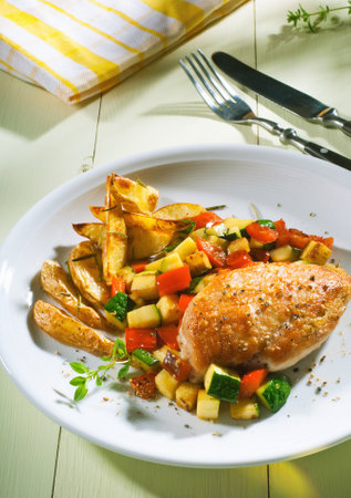 A closeup of tasty LEMON CHICKEN PICCATA, fried potatoes and Broccoli on a white table on a tableの写真素材