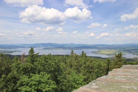 A view to the lake Lipno and surrounded landscape from the castle at Vitkuv kamen, Czech republicのeditorial素材