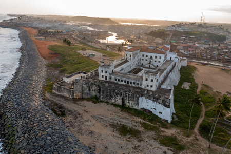 An aerial shot of the Elimina castle in Ghana during the dayのeditorial素材