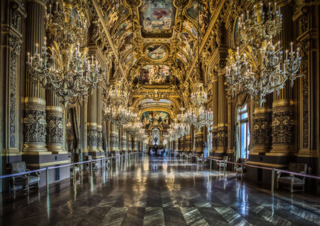 An interior view of the grand hallway of the Opera House in Paris, Franceのeditorial素材