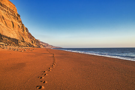 A beautiful view of footprints in the sand at the beachの写真素材
