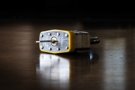 A closeup shot of a padlock with attached key on a wooden surfaceの写真素材