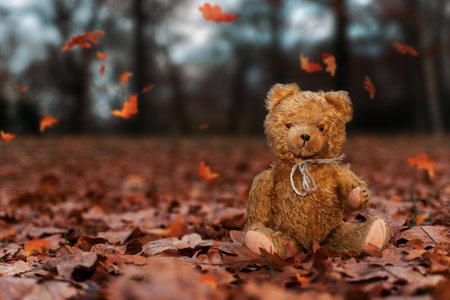 A closeup shot of a teddy bear in the forest with red leaves falling over itの写真素材