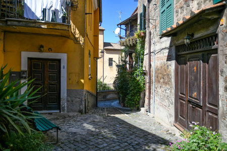 A narrow street in Nemi, a medieval town overlooking a lake in Rome, Italyの写真素材
