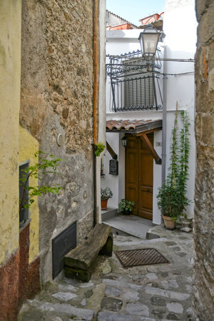 A narrow street in Latronico, a village in Basilicata, Italy.の写真素材