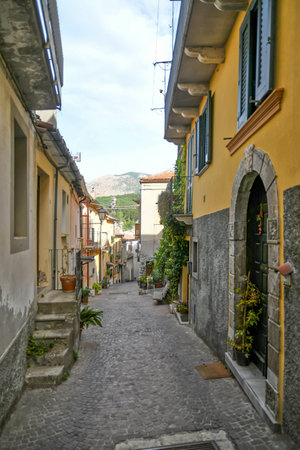 A narrow street in Latronico, a village in Basilicata, Italy.の写真素材