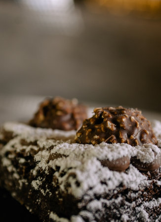 A selective focus shot of a chocolate dessert dusted with powder sugar