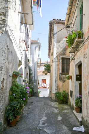 A street in the historic center of Rivello, a medieval town in the Basilicata region, Italyの写真素材