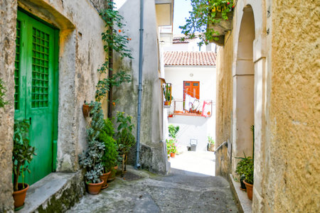 A street in the historic center of Rivello, a medieval town in the Basilicata region, Italyの写真素材