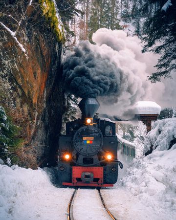 A vertical shot of a steam locomotive moving forward through a white forest on a winter dayの写真素材