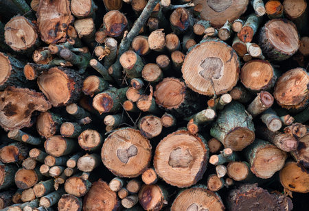 A top view of stacked cut wooden trunks to be used as firewood