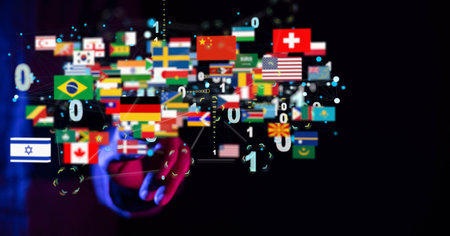 The globe international world flags against a dark backgroundの写真素材