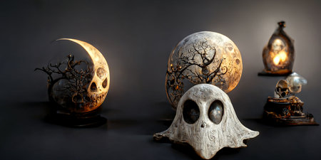 An AI generated illustration of spooky Halloween decorations with moons and skulls on a gray backgroundの素材