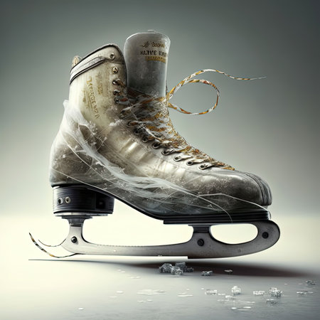 An AI generated illustration of an old cream white ice skating shoe in a plastic coverの素材