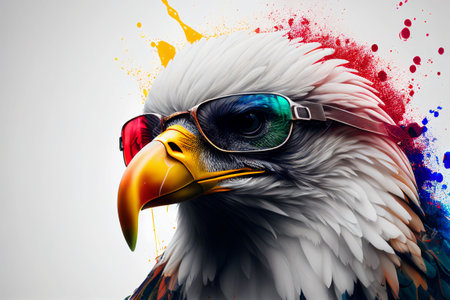 An AI generated illustration of a cool eagle with sunglasses against a color splashの素材