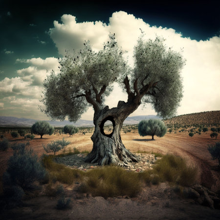 An AI generated illustration of a tree with a hole in the trunk growing in the deserted valleyの素材