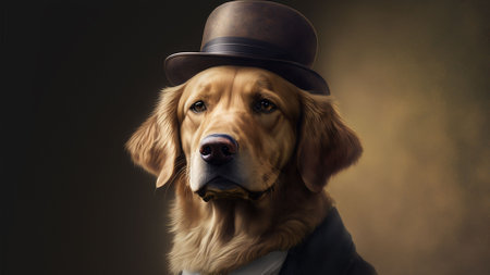 An AI generated illustration of an anthropomorphic detective golden retriever dressed up in the peaky blinder styleの素材
