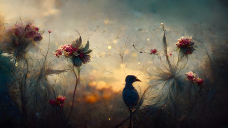 An AI generated illustration of Delicate oil painting with a bird landing on the flowers. Pastel tones. Blurred background. Generative AI.の素材