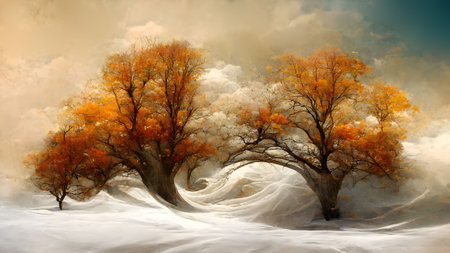 An AI generated illustration of a winter scene with trees. Oil painting. AI generated illustration. Generative AI.の素材