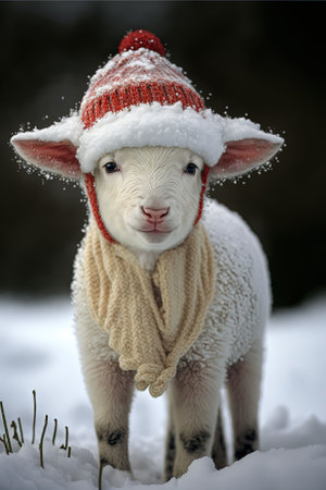 An AI generated illustration of a sweet lamb wearing a knitted hat standing in a snow-filled landscapeの素材