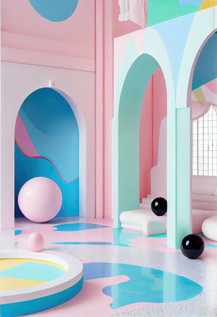 An AI generated illustration of a vibrant pink and blue indoor pool area surrounded by large windowsの素材