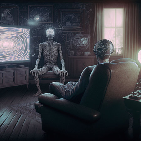An AI generated illustration of a person sitting on a couch with a monster in front of him.の素材
