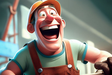 An AI generated illustration of a cheerful cartoon man wearing a helmet smiling broadlyの素材