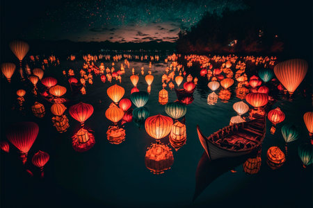 An AI generated illustration of silk lanterns in a lake with a boatの素材