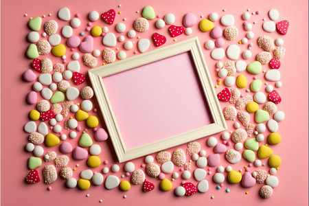 An AI-generated illustration of a white frame on the pink background, candies aroundの素材