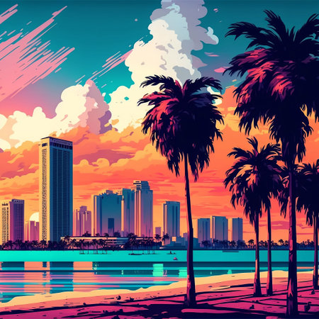 An AI generated illustration of palm trees on the beach with the city in the backgroundの素材