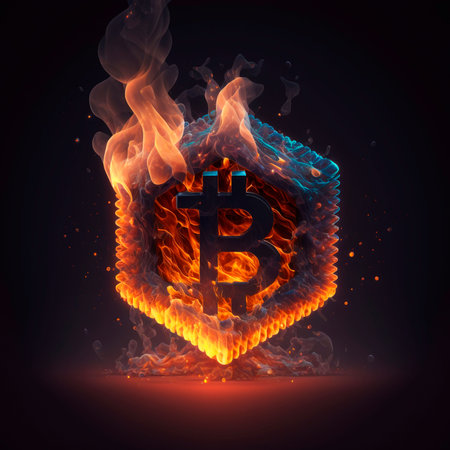 An AI generated illustration of a Bitcoin icon burning in hexagon shape-business and finance conceptの素材