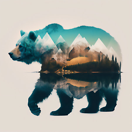 An AI generated illustration of double-exposure bear with landscapeの素材