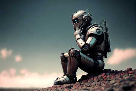 An AI-generated illustration of a lonely sad robot sitting on the rocks.の素材
