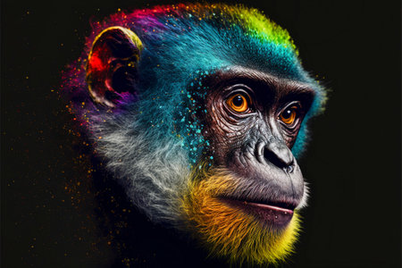 An AI generated illustration of a colorful portrait of the monkey on a black background.の素材