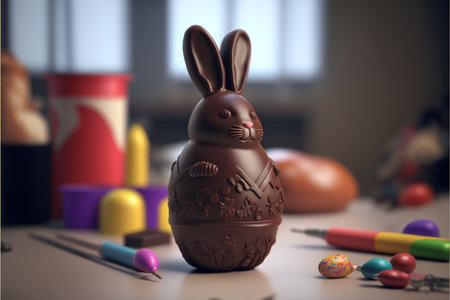 An AI generated illustration of a chocolate rabbit on an egg.の素材