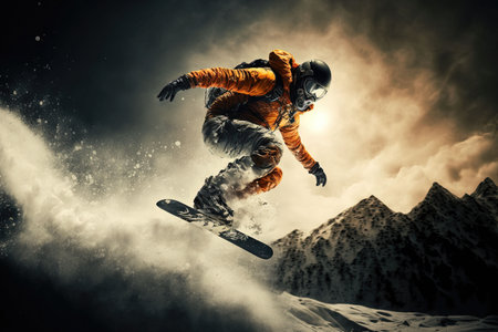 An AI generated illustration of a person snowboarding in mountainsの素材