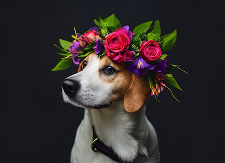 An adorable dog with a flower crown on its head against a black background, AI-generated.の素材