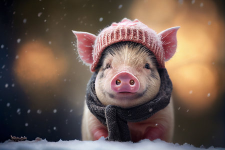 An AI generated illustration of an adorable furry piglet in a pink hat and a scarf in winterの素材