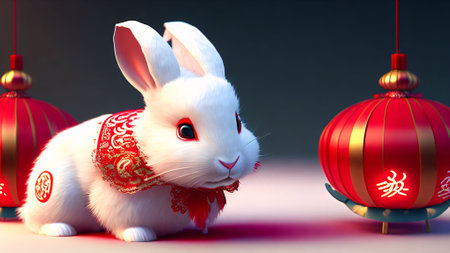 An AI generated illustration of a rabbit in Chinese traditional clothes and lanterns in the backgroundの素材