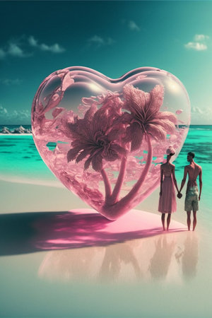 An AI-generated illustration of a couple standing next to a giant pink heart shapeの素材