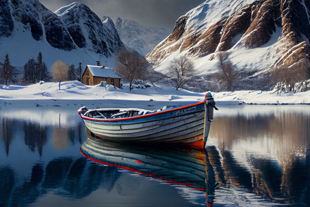 An AI generated illustration of a snow covered old wooden boat floating on the lake surfaceの素材