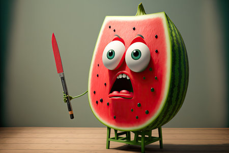An AI-generated illustration of a scared 3D animated watermelon character holding a knife.の素材