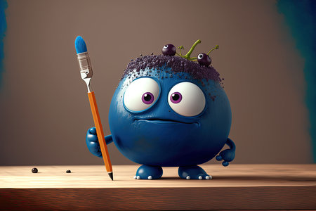 An AI generated illustration of a cute 3D animated blueberry with a pencilの素材