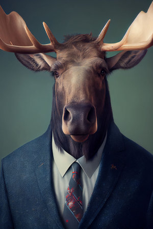 An AI generated illustration of a moose stands confidently in a business suit and tie, ready for a professional portraitの素材