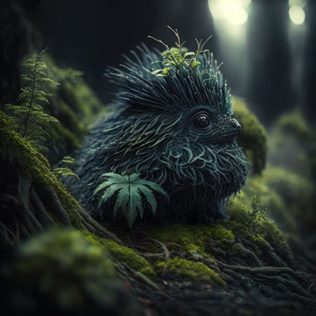 An AI-generated illustration of a fantasy animal character in a mysterious forest.の素材