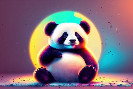An AI generated illustration of a panda sitting in front of the illuminated ballの素材