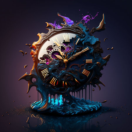 An AI generated illustration of an abstract clock leaking ink isolated on the dark backgroundの素材