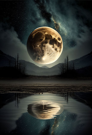 An AI generated illustration of the moon with its reflection on the surface of a small lake at nightの素材